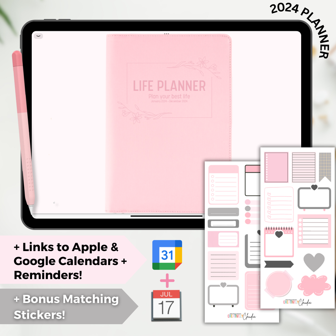 2024 Fully Hyperlinked Pink Minimalistic Life Planner (w/ Links to Google & Apple Calendars + Reminders)