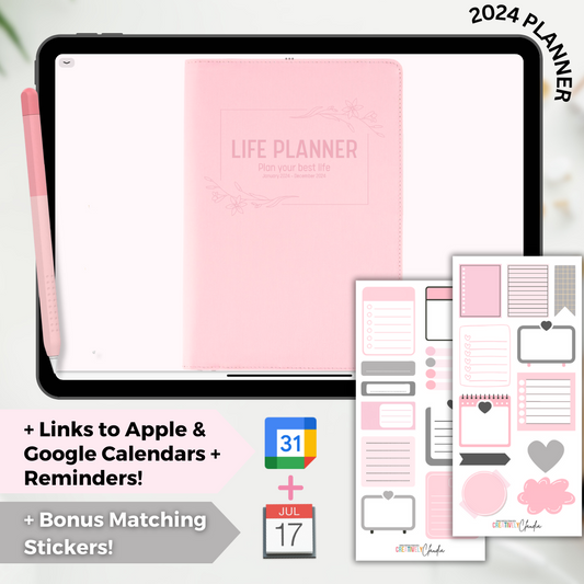 2024 Fully Hyperlinked Pink Minimalistic Life Planner (w/ Links to Google & Apple Calendars + Reminders)