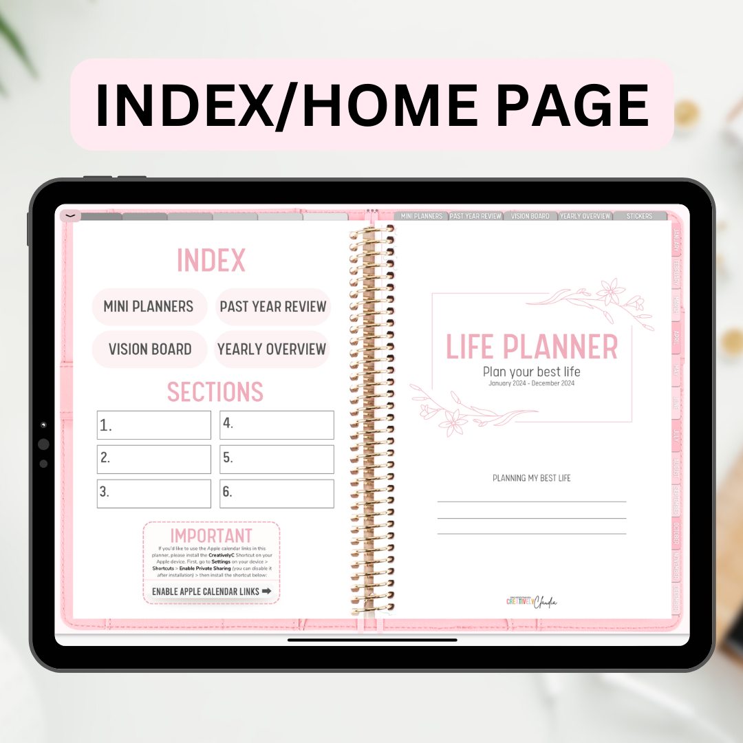 2024 Fully Hyperlinked Pink Minimalistic Life Planner (w/ Links to Google & Apple Calendars + Reminders)