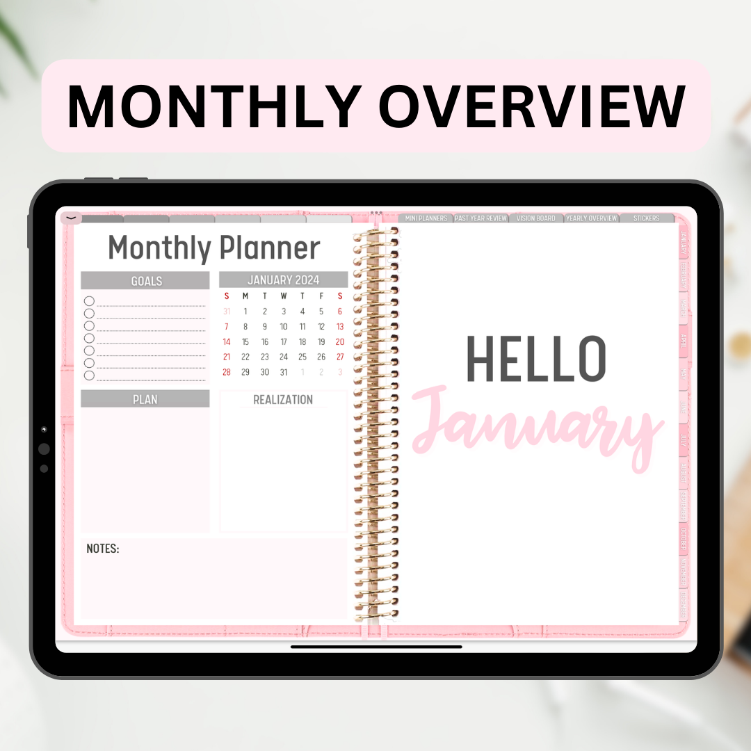 2024 Fully Hyperlinked Pink Minimalistic Life Planner (w/ Links to Google & Apple Calendars + Reminders)