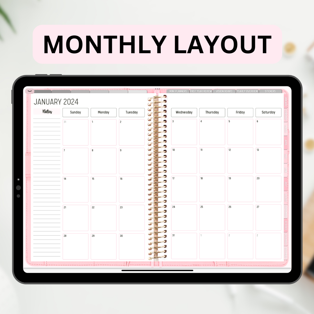 2024 Fully Hyperlinked Pink Minimalistic Life Planner (w/ Links to Google & Apple Calendars + Reminders)