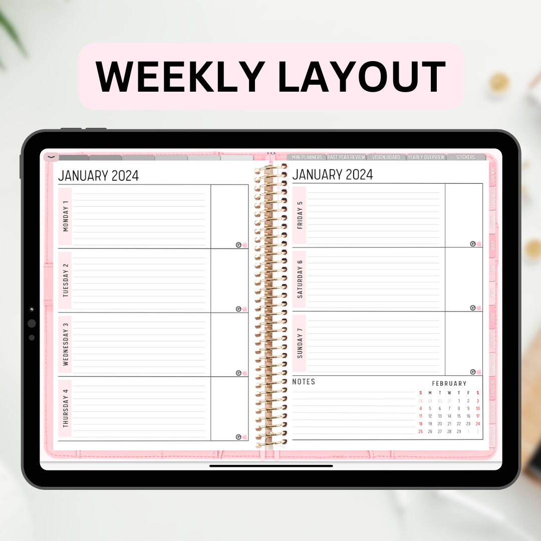 2024 Fully Hyperlinked Pink Minimalistic Life Planner (w/ Links to Google & Apple Calendars + Reminders)